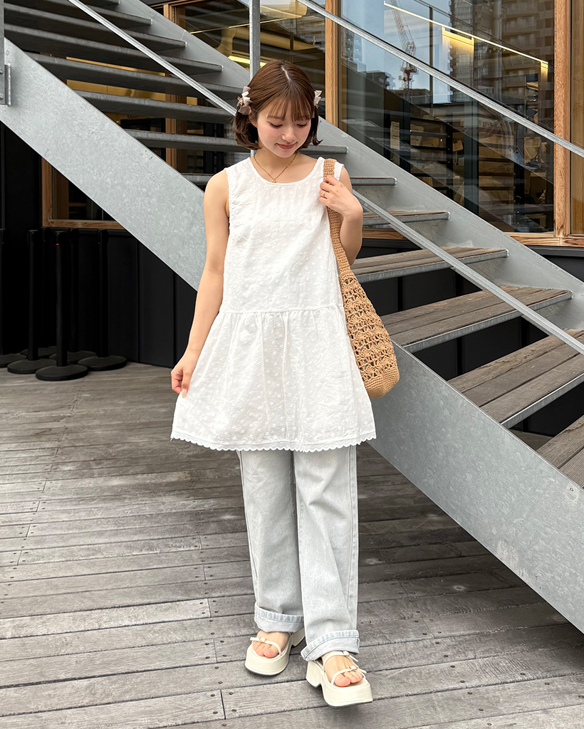 フラワーノースリーブヨークギャザーミニワンピース