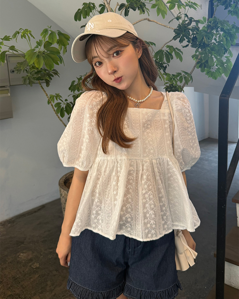 Sea New York レース スモッキング パフスリーブ ブラウス M Sea New York レース スモッキング パフスリーブ ブラウス M Sea
