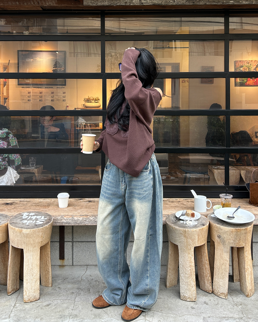 （ユニセックス）タックワイドサイドシームウォッシュデニムパンツ