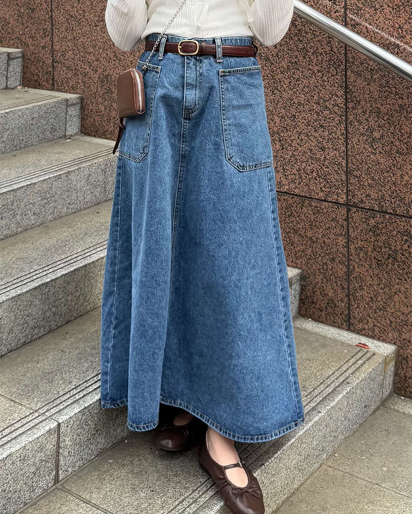 ビックポケットフレアロングデニムスカート | ファッション通販サイト NUGU