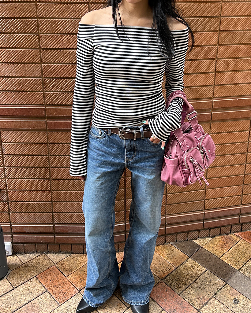 ラグランオフショルボーダースリムロングTシャツ