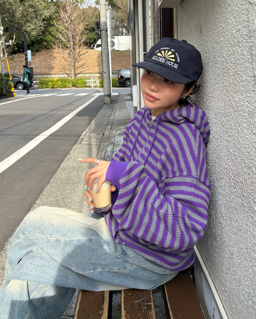 （ユニセックス）ボーダーダブルジップワッフルニットカンガルーパーカー