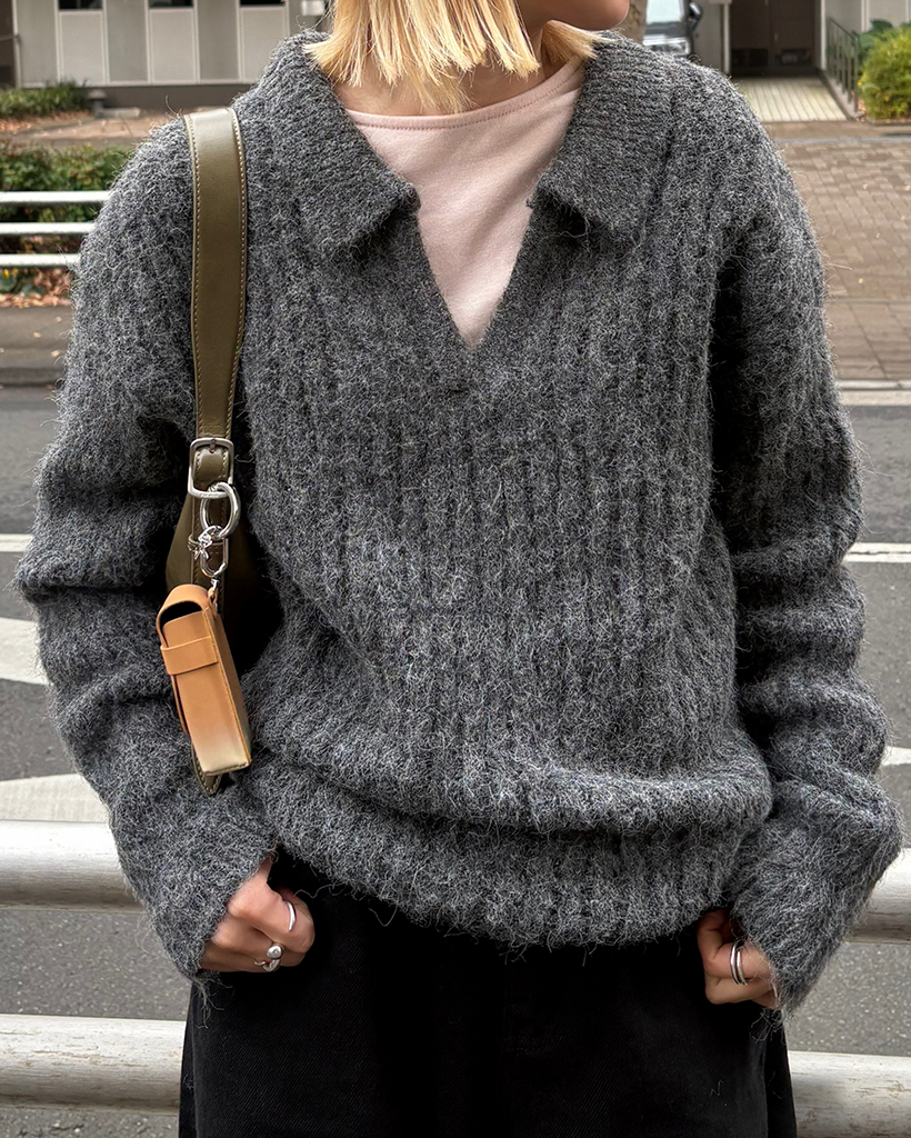 スキッパーカラーリブヘアリーニットセーター