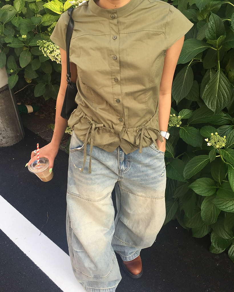 キャップスリーブドローポケットボタンブラウス