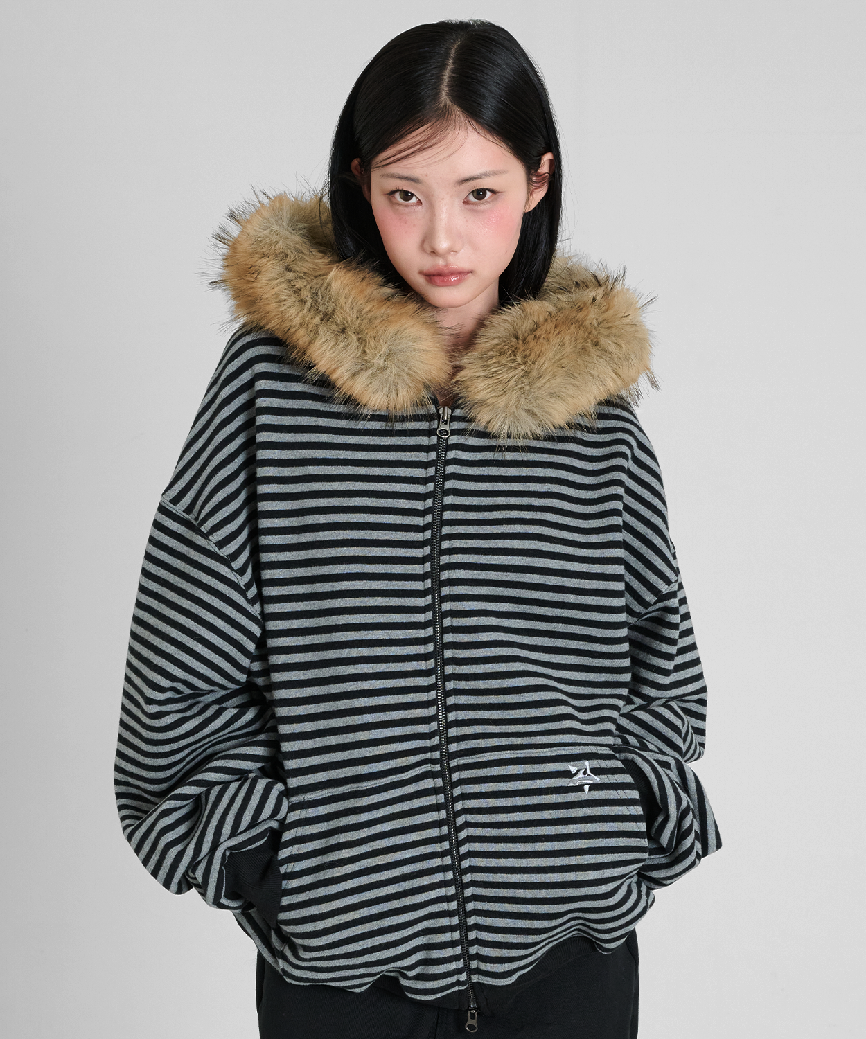 STRIPE WINGS FUR HOODIE ZIP-UP