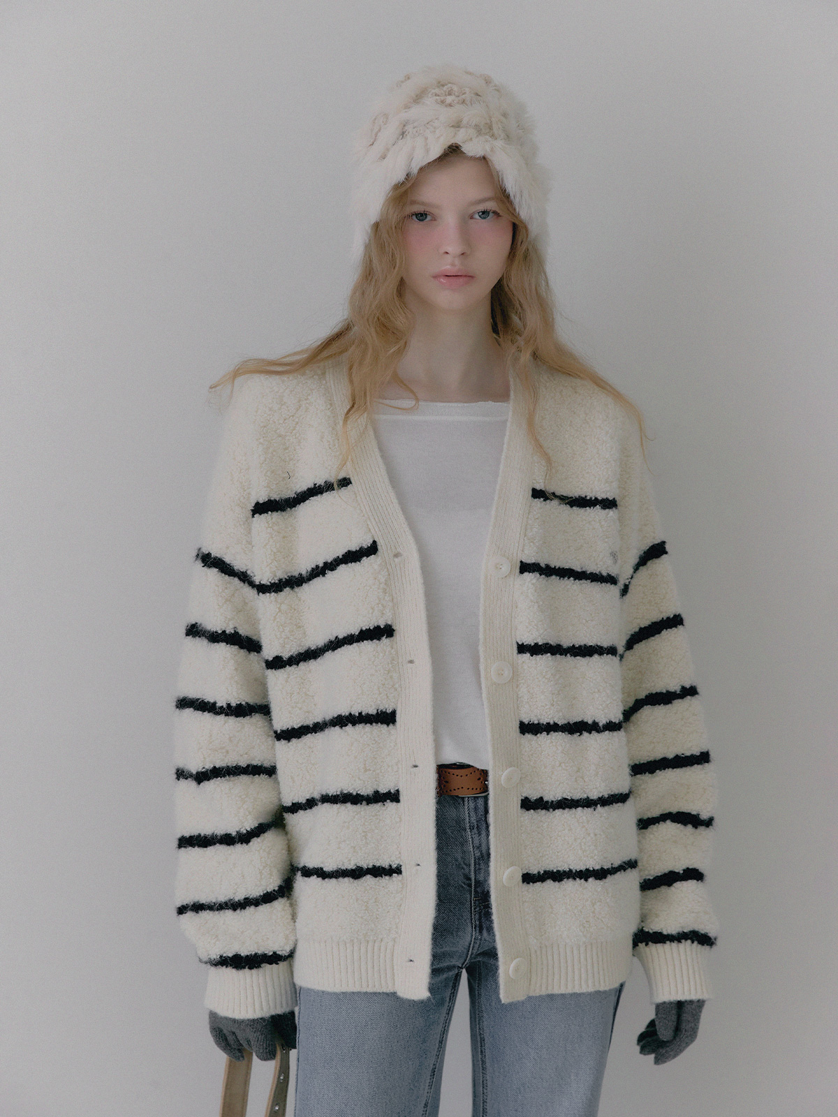 Dent Stripe Boucle V-Neck Oversized Cardigan