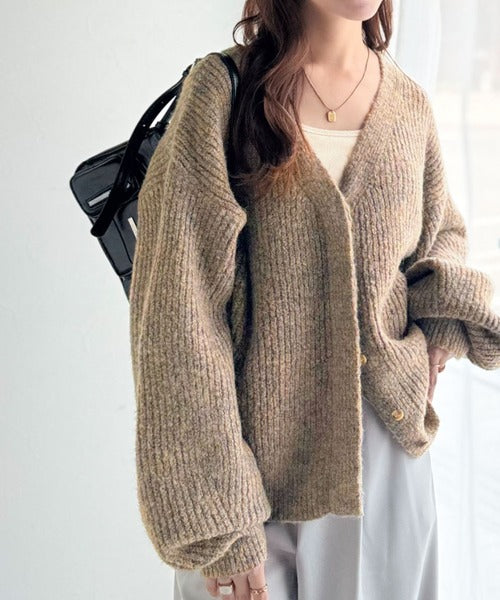 大人上品なニュアンスを演出◎比翼Vネックミックスニットカーディガン