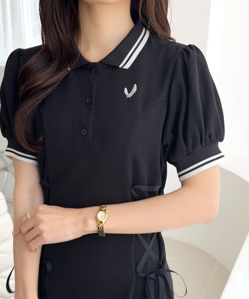 emytanpopo ⭐️レオナール　ポロシャツワンピース 花柄　ベルト mily bilet】上品な雰囲気と、大人フェミニンさの融合。鹿の子胸刺繍