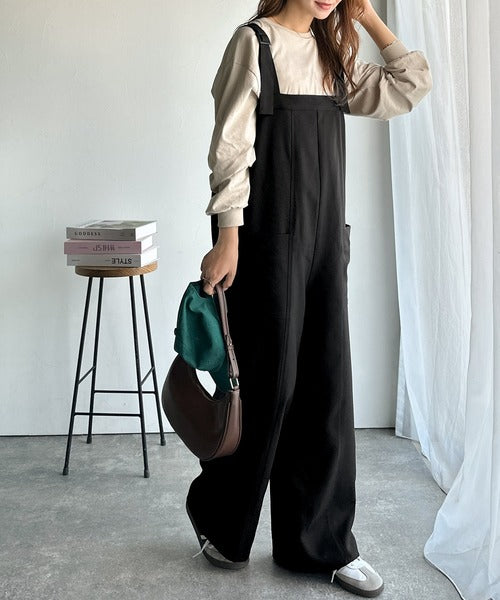 高見え大人サロペット。サイドポケットデザインハイウエストサロペット