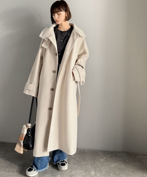 360度上品魅せ。衿2way比翼スタンドウール調ステンカラーコート