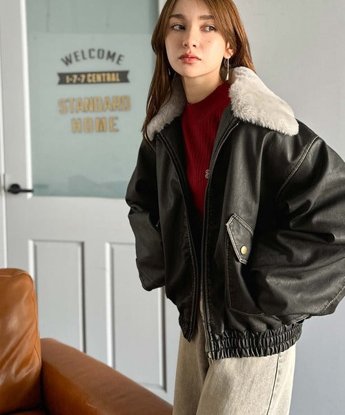 ラムレザージャケット90sヴィンテージ豹柄ファー襟ブルゾンダブルブレスト mily bilet】ファー襟取り外し可能◎ヴィンテージライクダメージ