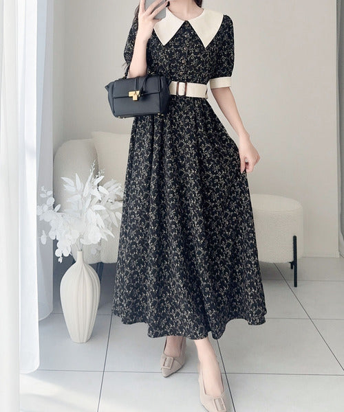 mily bilet】トレンドのレトロガーリー♪小花柄ベルト付きビッグカラー