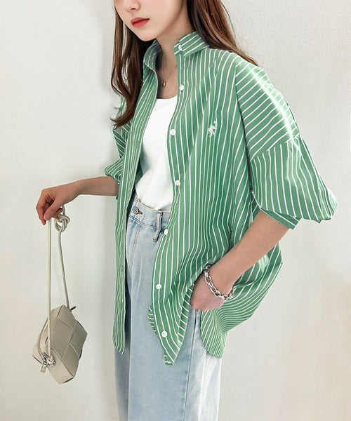 ストライプのみ Happyストライプ！ワンポイント刺繍オーバーシャツ ce1010065