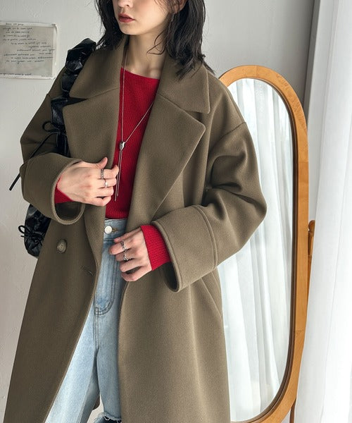 羽織るだけで上品見え！ウールライク素材ダブルテーラードチェスター