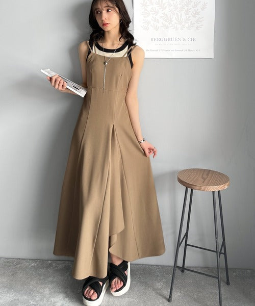 大人のエレガントテイスト。麻調ダブルストラップアシメキャミフレア