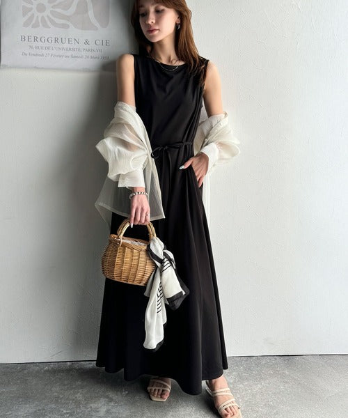 選べる2丈！ウエストリボン ボートネック 美ラインノースリーブ