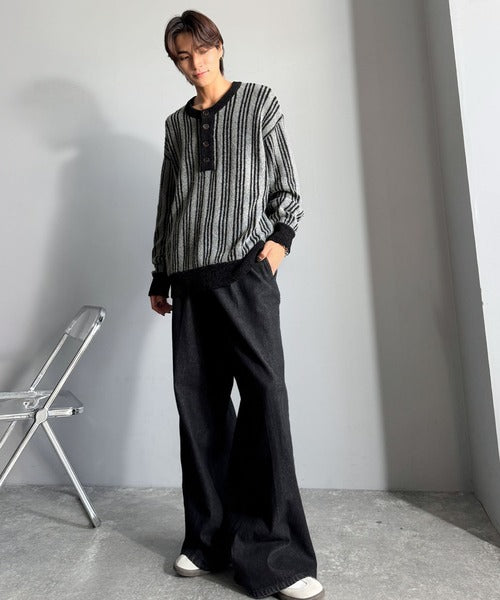 PERLIGATES 黒セーター ストライプ袖 Classical origin】ヘンリーストライプニット／Henley Striped Knit