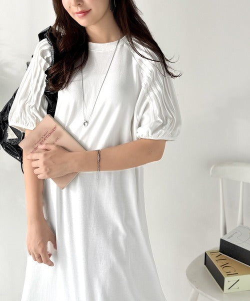 綿100% さらりと上品にきまる。袖タックラグラン半袖ワンピース
