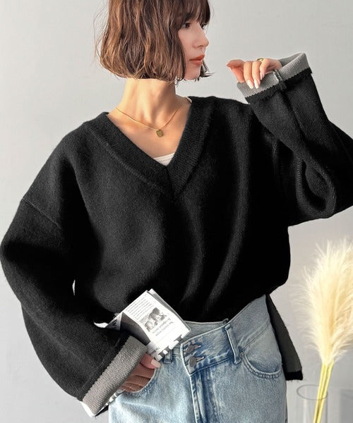 深めのネックが大人の抜け感をプラス◎WFACE Vネック配色ニットPO