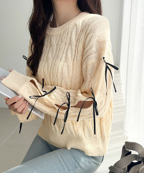 mily bilet】リボンで仕込む♪上品フェミニン。袖リボンケーブル編み