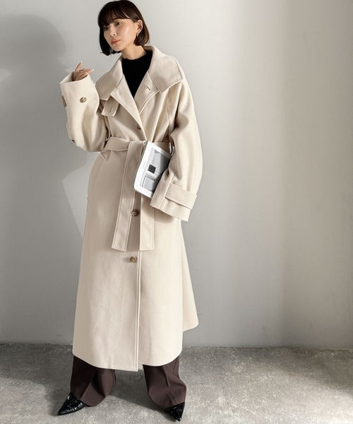 新品 Stella McCartney 46 比翼 トレンチコート ロング Women インクブラック ダブルフェイス ベルテッド トレンチコート