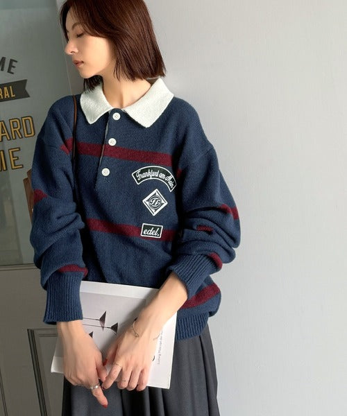 JaVaジャバコラボ》ワッペンデザインラガーポロニット（長袖