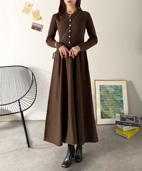 一枚で上品なラク可愛いが完成！ウエストリボンニットワンピース