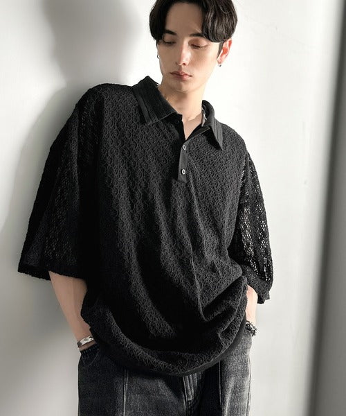 透け感、モードの余韻。」衿ダブルライン使いレース柄ニット