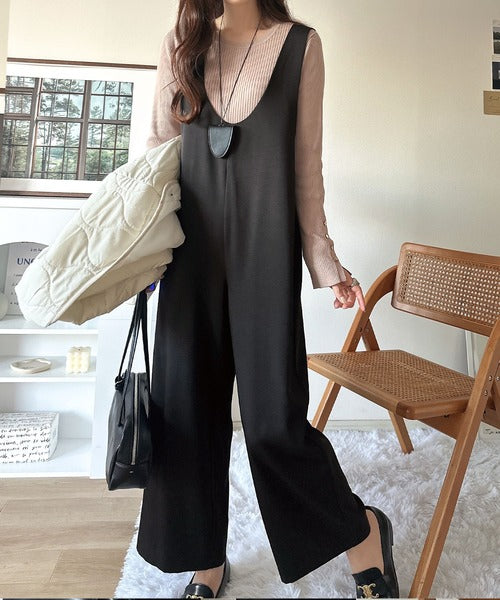 着心地ラクチン×お洒落見え♪深Uネックオールインワンサロペットパンツ
