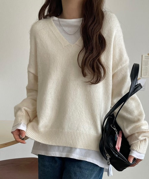 定価20350円 SHIPS Vネックファーニットプルオーバー ベージュ ふわっと軽やか◎メランジ調Vネックニットプルオーバー（長袖