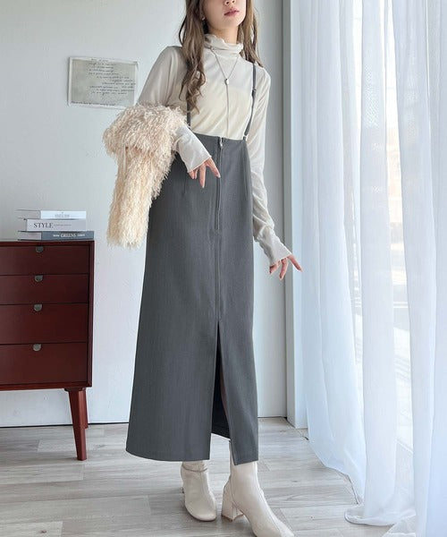 女性らしい上品シルエット。前後2wayサスペンダー付きタイトスカート