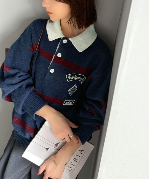 ラダーバレル　新品・保証書なし　色:アイボリー JaVaジャバコラボ》ワッペンデザインラガーポロニット（長袖