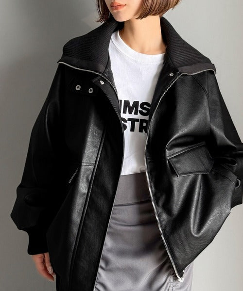 確認用です。 レザー ジャンパー 黒 ニット襟 JaVa ジャバコラボ》さっと羽織って、センスをまとう。レイヤード衿