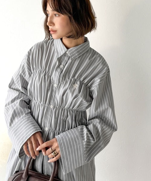 Lim's デッドストック　フリンジシャツ　S 大人のシルエット美人を叶える、ビスチェ風シャーリング長袖シャツ