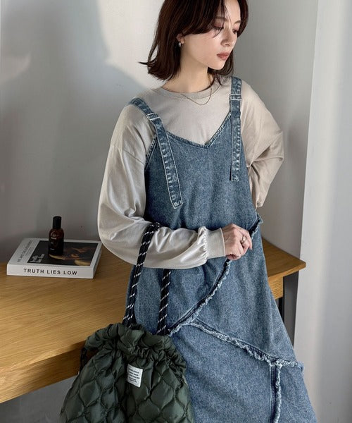 綿100％☆大人カジュアルを極める!Vネックフリンジ切り替えデニム