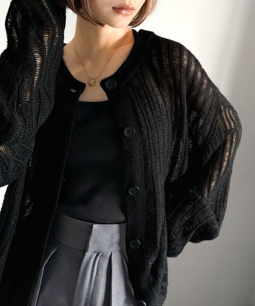 アイリーンです。 Agnona 黒リブ編みカーディガン 長袖 ふんわり×ゆるっと。前後2way針抜きリブ編みカーディガン（長袖