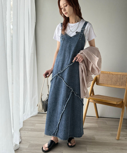 【pinue】フリンジデニムジャンパースカート Sサイズ デニムジャンパースカート（BLACK） - PINUE