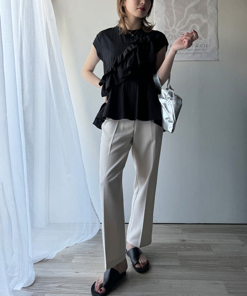 アメノチハレ　フリル付きペプラムトップス 半袖 Machine-washable】エアリージャカードペプラムブラウス – Ame no chi Hare