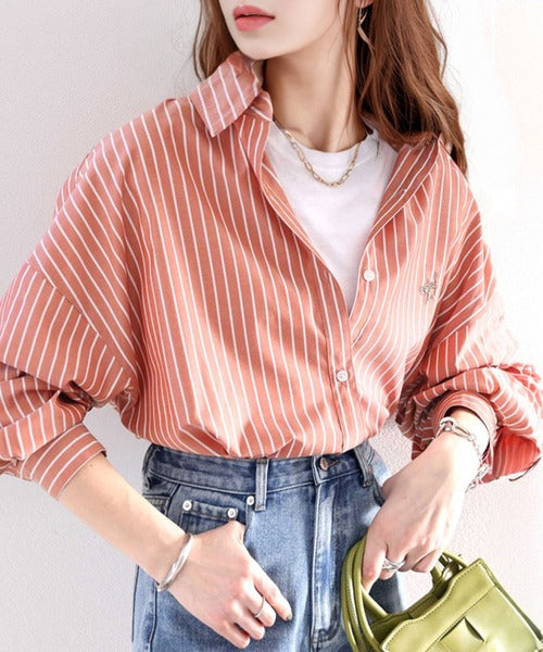 ストライプのみ Happyストライプ！ワンポイント刺繍オーバーシャツ ce1010065