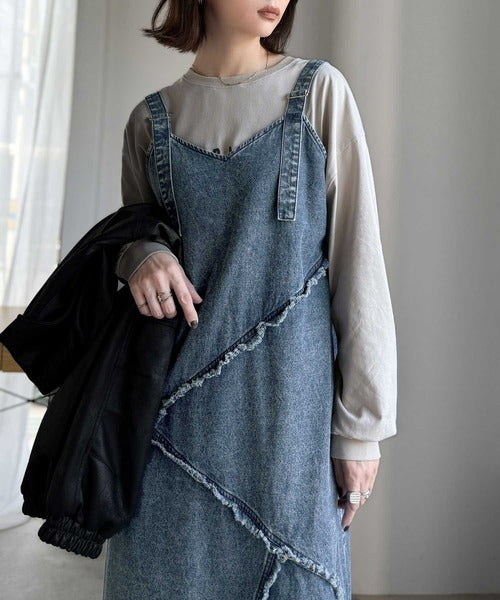 綿100％☆大人カジュアルを極める!Vネックフリンジ切り替えデニム