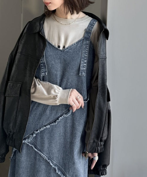 綿100％☆大人カジュアルを極める!Vネックフリンジ切り替えデニム