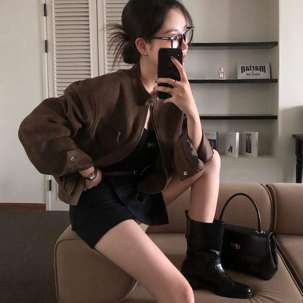 (ORIGINAL) バンドカラー、スエードクロップジャケット