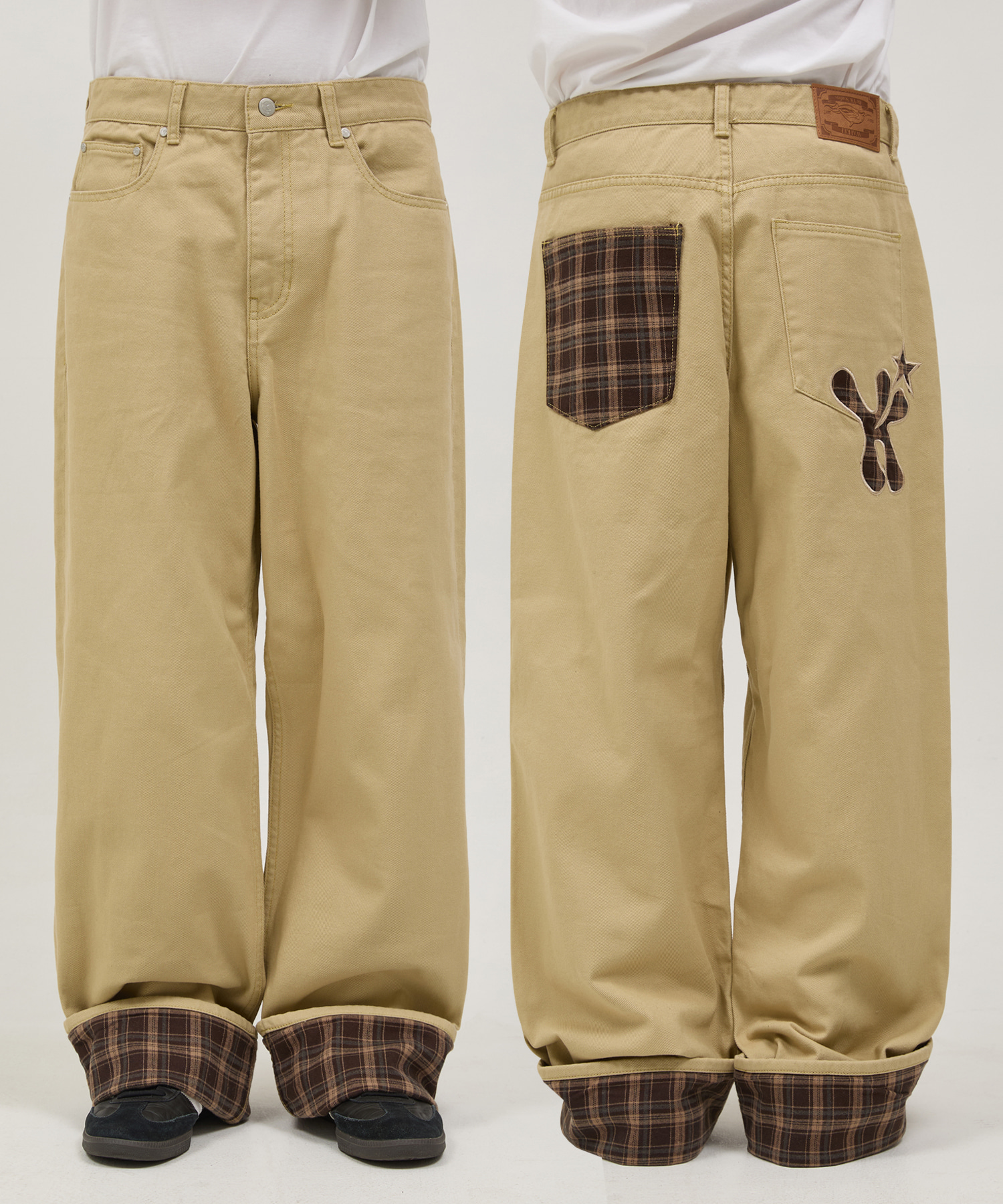 Check Applique Roll Up Cotton Pants BEIGE