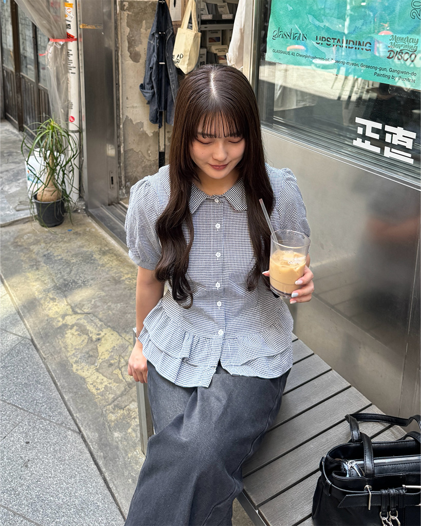 スタンドカラープリル半袖ブラウス