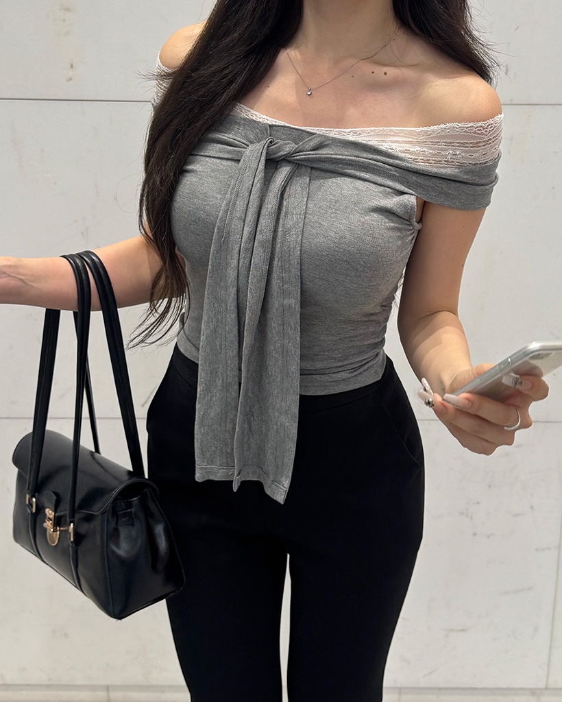 シースルリボンオフショルダーTシャツ