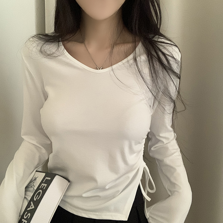 (4color)サイドスリットアンバランスシャーリングVネックロングTシャツ