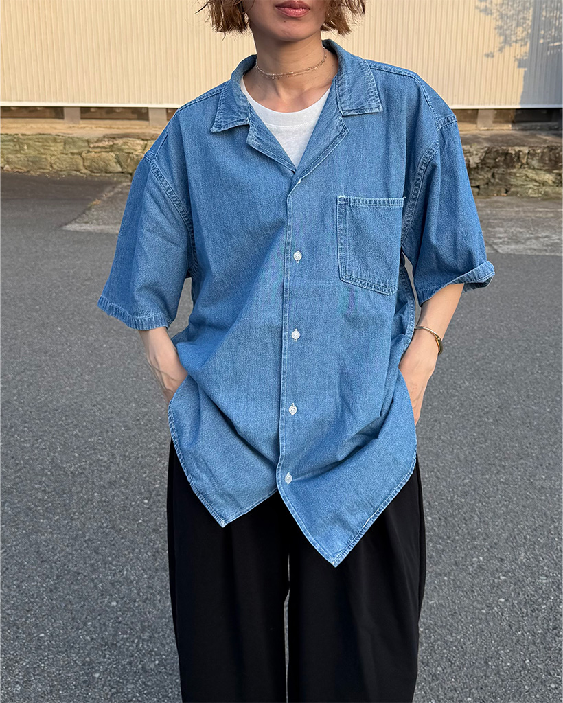 デニムオープンカラー半袖シャツ
