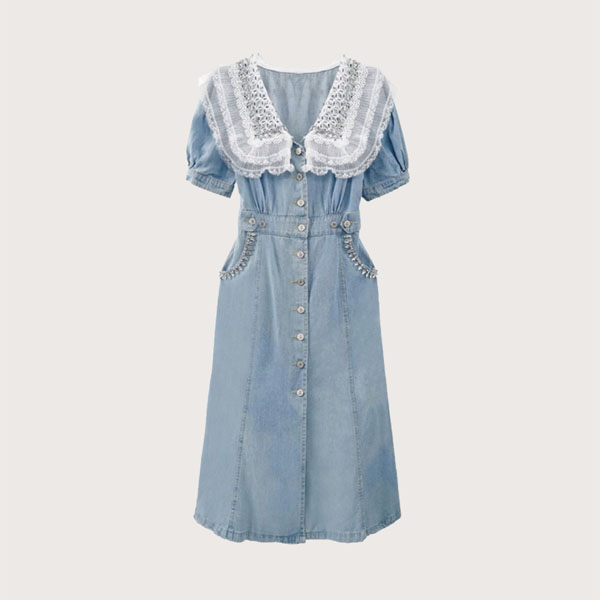 ビーズデザインレースカラーデニムドレス | ファッション通販サイト NUGU