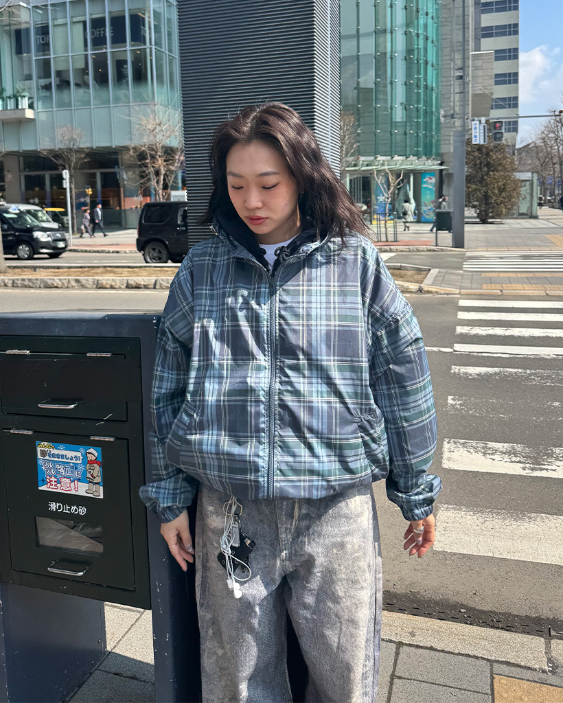 (ユニセックス)チェックフードウィンドジャケット