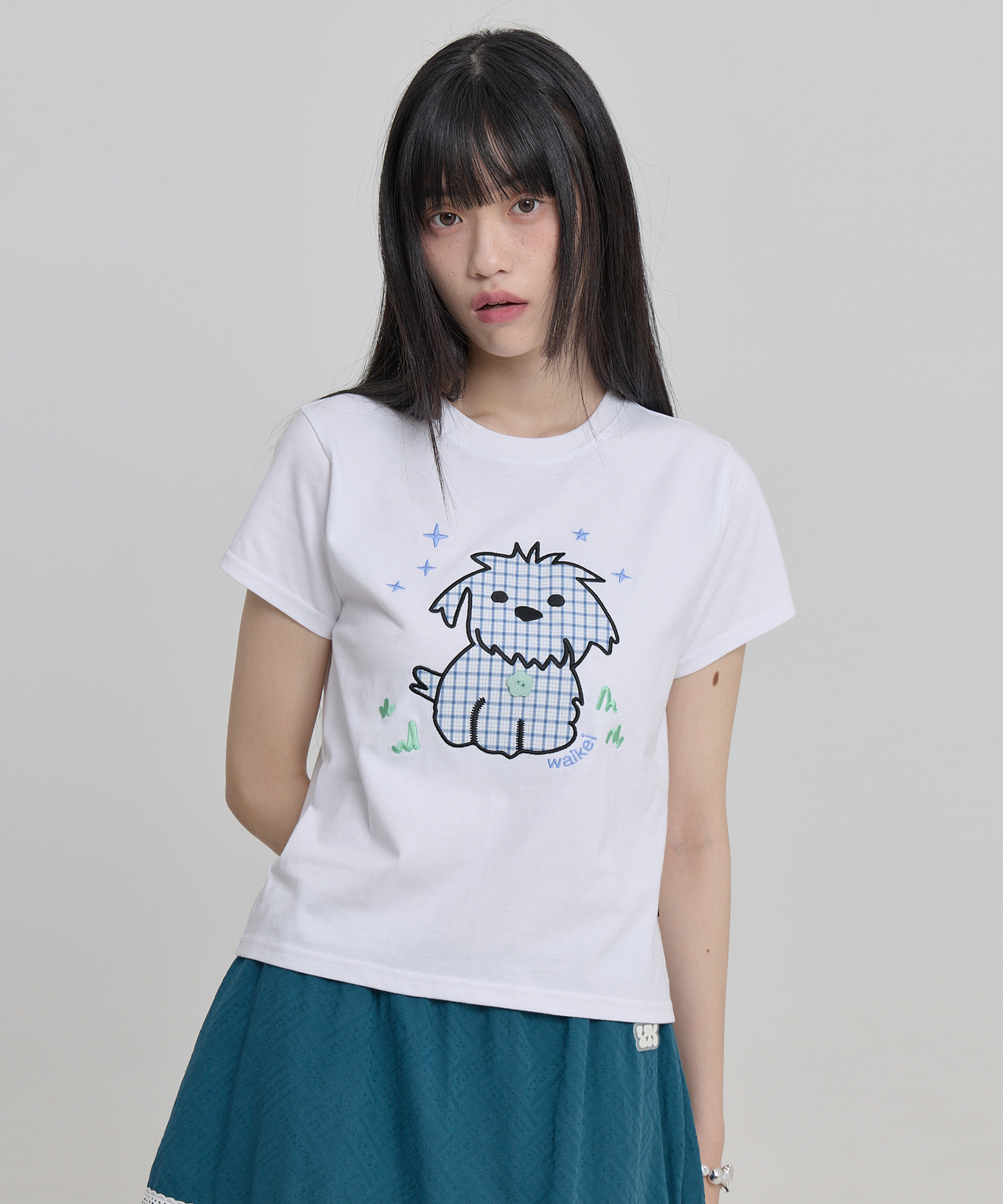 Maltese Check Applique Button Half T-shirt WHITE
